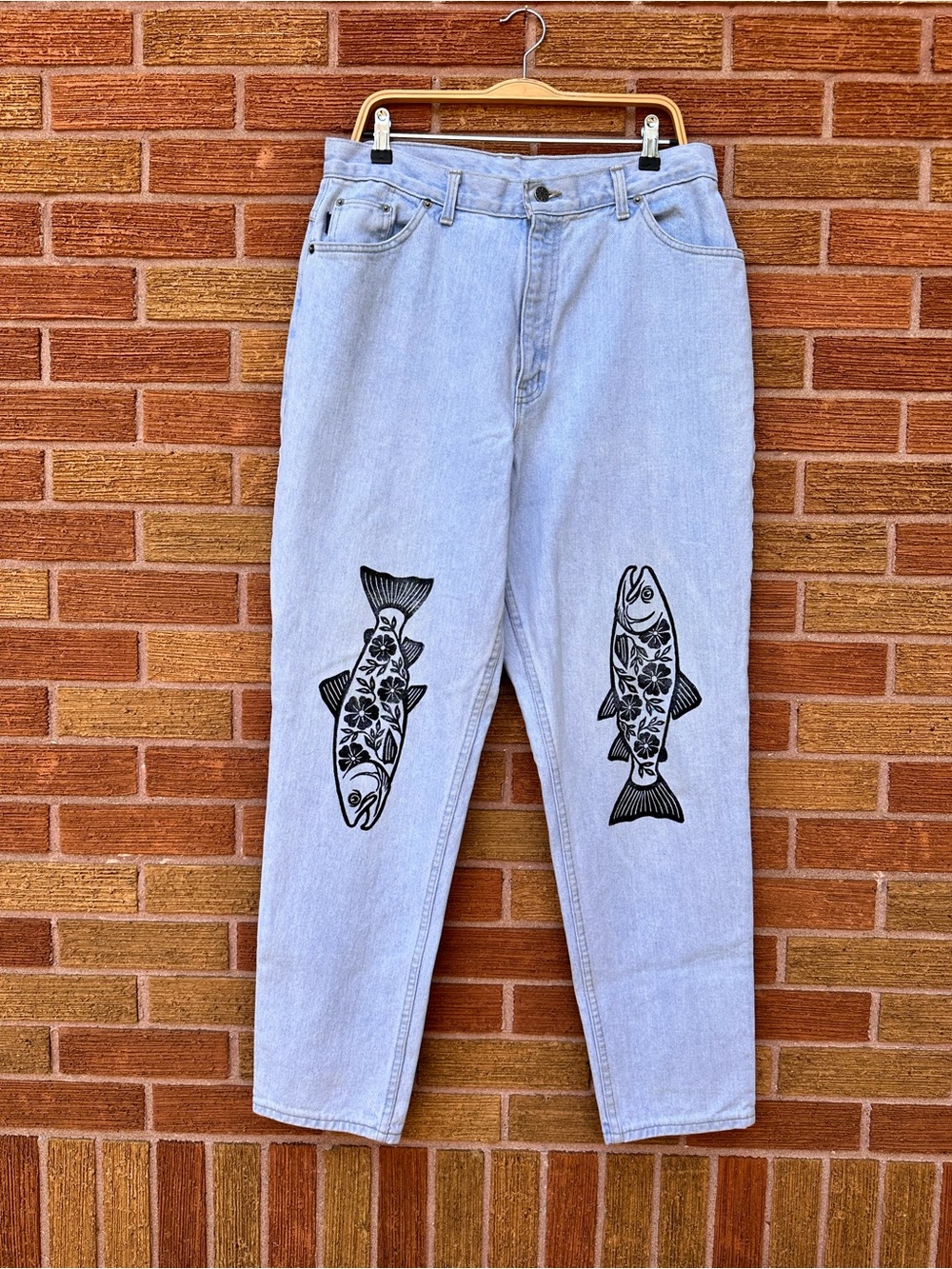 Upcycled Trout Block Printed Vintage Jeans